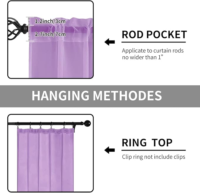 Sheer Curtains 63 Inches Long 2 Panels, Rod Pocket Short Curtain for Kitchen, Bedroom, Cafe Window(Lavender 38" W x 63" L)