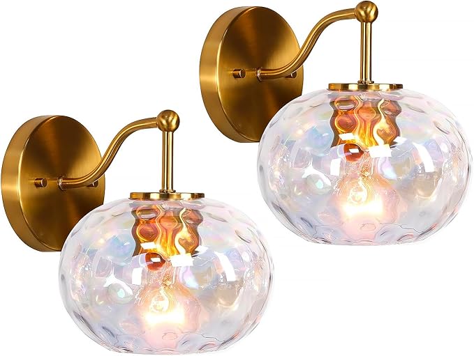 Brushed Gold Vanity Light Set of 2 Stained Hammered Glass Wall Sconce 1-Light Brass Wall Lamp for Hallway Living Room Stairwell Bathroom Over Mirror (Brass Gold, 1-Light)
