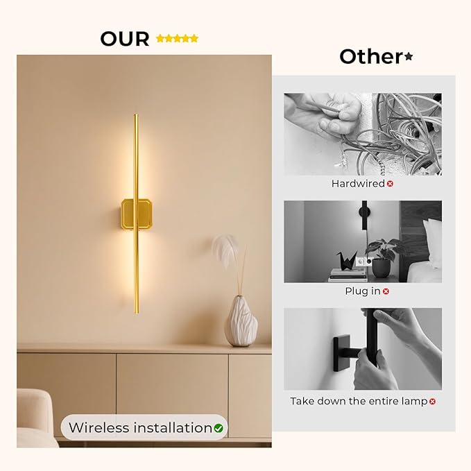 Battery Operated Wall Sconce Detachable 360°Rotate, Wireless Wall Lamp 3000-6500K Dimmable, 10000mAh Rechargeable Wall Light for Bedroom, Living Room,28" Black Gold (4 Pack)