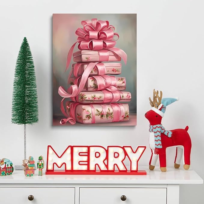 Framed Pink Christmas Wall Art Pink Vintage Christmas Presents Canvas Print posters Retro Shabby Chic Christmas Printables Winter Home Decor 12x16 framed