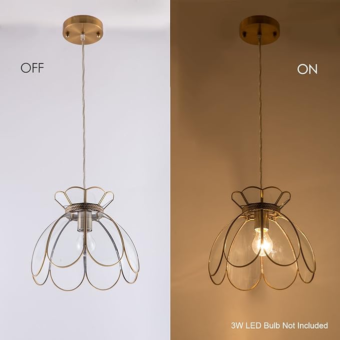 12" Vintage Brass Pendant Light Fixture, Flower Hanging Lamp for Kitchen Island, Glass Lotus Flower Ceiling Pendant Lighting for Entryway, Dining Room, Bedroom, Living Room, Clear, Large