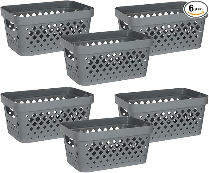 Glad Plastic Baskets for Organizing, Set of 6 | Pantry Storage for Under Counter, Linen Closet, and Bathroom | Nesting Shelf Bins with Handles, 1 Gallon, Grey