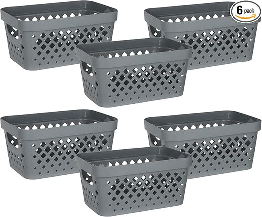 Glad Plastic Baskets for Organizing, Set of 6 | Pantry Storage for Under Counter, Linen Closet, and Bathroom | Nesting Shelf Bins with Handles, 1 Gallon, Grey
