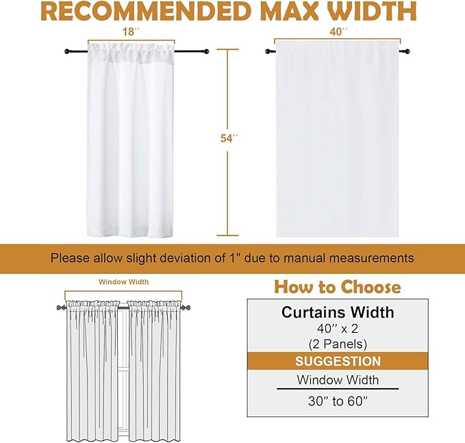 Aiyufeng Pure White Curtains for Bedroom 54 Inches Long 2 Panels Set, Room Darkening Window Treatment, Short Curtain Drapes, Soft Touching Casual Rod Pocket Privacy Curtains, W40 x L54 Inch