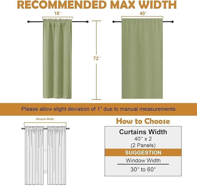 Aiyufeng Sage Green Blackout Curtains for Bedroom 72 Inch Length 2 Panels Set, Privacy Thermal Insulated Rod Pocket Door Window Curtains for Patio French Door Front Door, W40 x L72 Inch, Sage