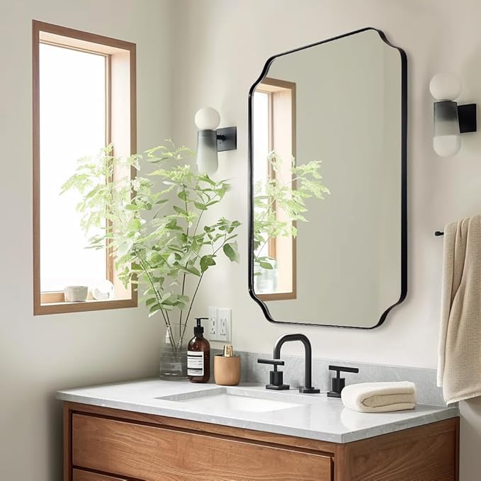 ANDY STAR Black Bathroom Mirror, 22x30 Inch Asymmetrical Mirror, Irregular Wall Mirror in Stainless Steel Metal Frame, Modern Scalloped Mirrors Ideal for Bathroom, Bedroom (Horizontal/Vertical)