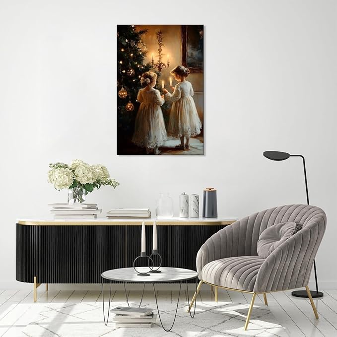 Vintage christmas wall art christmas tree wishing girl canvas poster winter room holiday decoration for farmhouse cabin living room bedroom Framed12x18inch