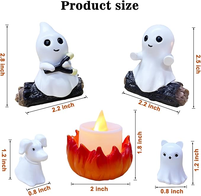 2025 Ghost Campfire Nightlight, Spooky Ghost Halloween Decorations Indoor, Cute Halloween Ghost Figurine, Funny Halloween Decor for Home Mantel Tabletop Party (with Cat and Dog)