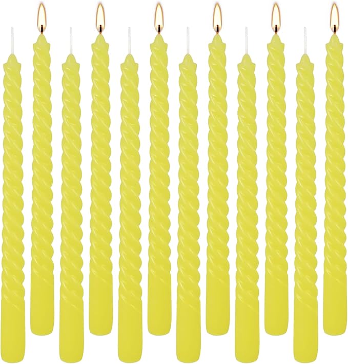 12 Pack 10 inch Yellow Spiral Taper Candles - Dripless, Smokeless, Unscented - 7 Hours Long Burning - Spiral Tall Candlesticks - Perfect for Home Decor, Weddings,Halloween, and Special Occasions.
