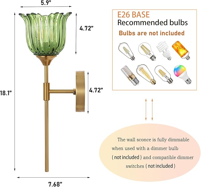 Gold Wall Sconce Set of 2 with Green Glass Shades Modern Mid Century Bathroom Vanity Wall Light Fixtures Industrial Brushed Brass Wall Lamp for Bedroom Mirror Living Room Restaurant