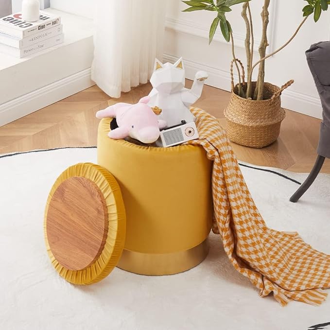 Mxfurhawa Velvet Storage Ottoman Multipurpose Footrest Stool with Metal Base Modern Round Vanity Stool Chair Ottoman Foot Stools Support 300 lbs Padded Seat for Living Room (Ginger)