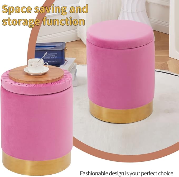 Mxfurhawa Velvet Storage Ottoman Multipurpose Footrest Stool with Metal Base Modern Round Vanity Stool Chair Ottoman Foot Stools Support 300 lbs Padded Seat for Living Room (Rose Pink)