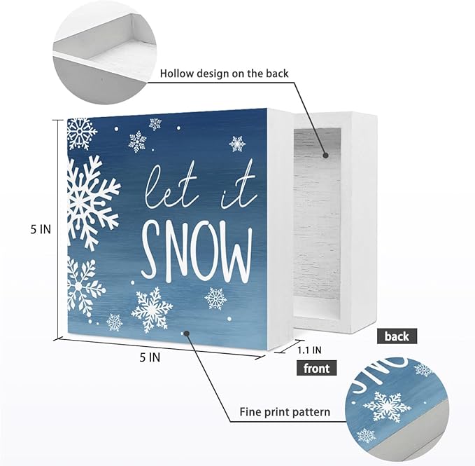 EIONEY Let it Snow Christmas Decorations Wood Box Sign,Rustic Farmhouse Winter Christmas Desk Decor,Seasonal Winter Holiday Decor for Home Bedroom Living Room Desk Shelf Table,5x5 Inch