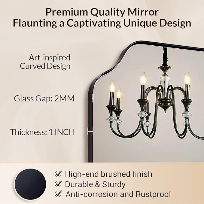 Black Bathroom Mirrors for Wall, 24x36 Inch Black Scalloped Rectangle Mirror with Rounded Notched Corner in Stainless Steel Frame Wall Mounted Vertical or Horizontal Ideal for Home Decor