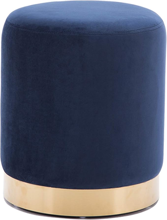 DAGONHIL Modern Round Velvet Ottoman,Upholstered Make-up Short Stools with Gold Plating Base,Foot Stool for Living Room,Pack of 1,Blue