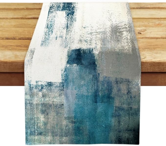 OYIMUA Teal and White Abstract Modern Table Runner, Art Rustic Kitchen Dining Table Decor for Holiday Home Party 13x72 Inches