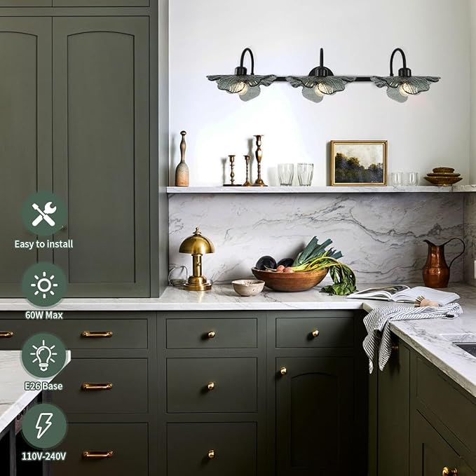 Black Bathroom Vanity Light mid Century Wall Sconce 3-Light Bathroom Wall Light Wall lamp with Dark Green Glass Shade Mirror Black Vanity Light Over Mirror for Bedroom Hallway Living Room