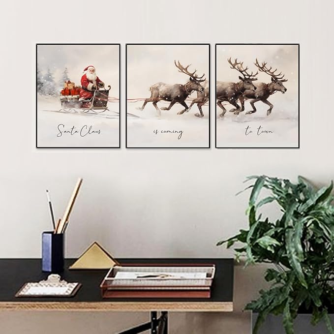 Gallery Set of 3, Christmas Posters, Christmas Santa Claus with a Sleigh Prints, Xmas Wall Art Home Decor, Christmas Wall Art, Christmas Living Room Decorations, 11X14 INCH Ready for Framing
