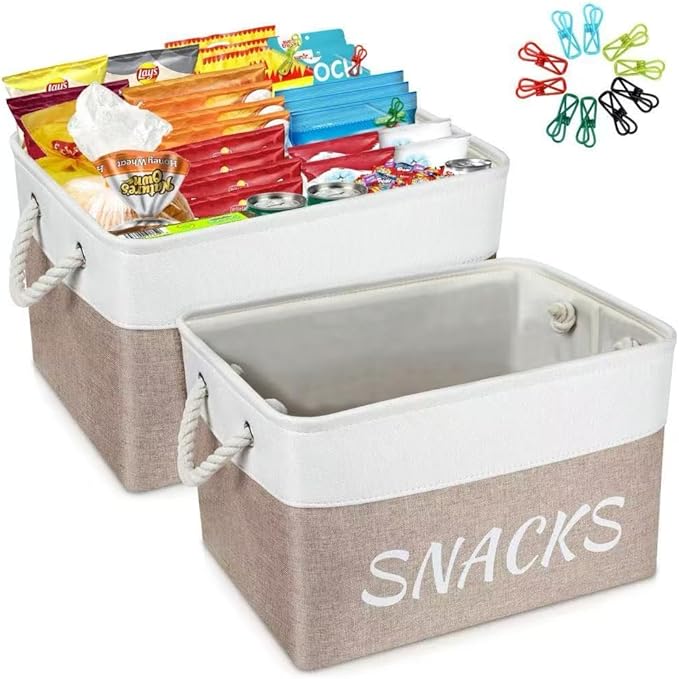 2 Pack Snack Organizer for Pantry,Decorative Snack Basket with 20 Pcs Chip Clips, Collapsible Snack Organizer for Countertop, Pantry Shelf, Office, Kitchen and More