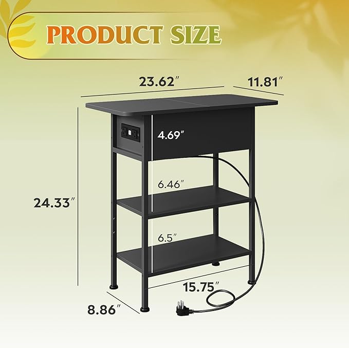 WLIVE End Table with Charging Station, Flip Top Side Table with Storage Shelf, Sofa Couch Table with USB Ports and Outlets, Narrow Bedside Table for Living Room, Bedroom ,11.81"D x 23.62"W x 24.33"H