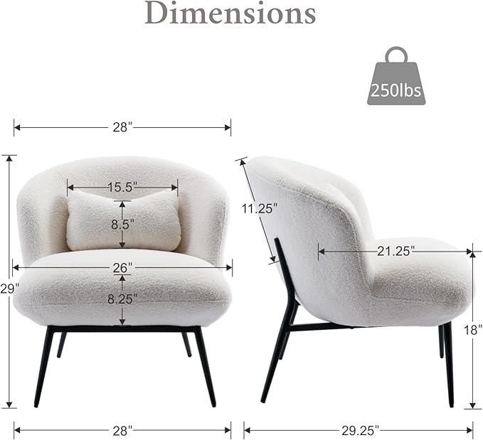 Modern Accent Chair, Upholstered Sherpa Fabric Side Chair With Small Pillow, Black Metal Legs, Comfy Lounge for Living Room Bedroom, White