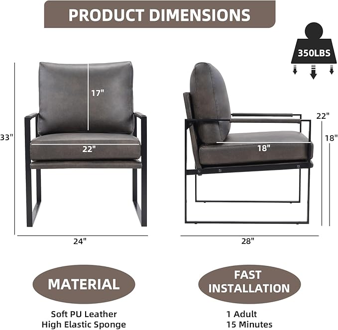 INZOY Mid Century Modern Accent Chair with Removable Cushions Set of 2, Comfy PU Leather Living Room Chairs with Thicker Backrest and Cushion, Metal Frame Design, Dark Grey