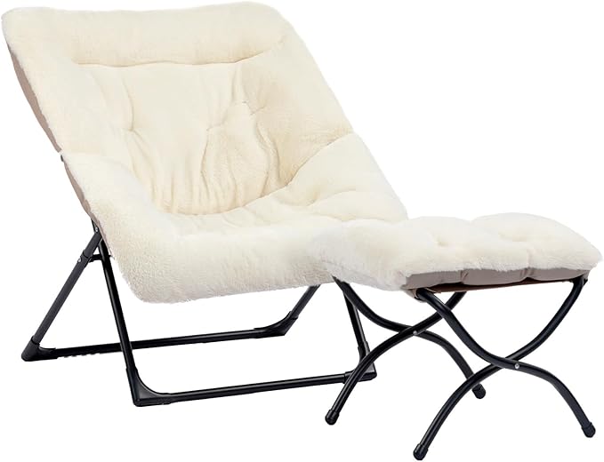 HollyHOME X-Large Saucer Chair with Foldable Ottoman, Comfy Oversized Folding Chair and Folding Footrest Stool Set, Faux-Fur Reading Chair and Footstool for Living Room, Bedroom, Beige Chair&Stool
