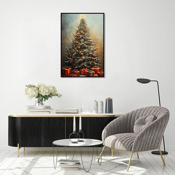 Vintage christmas wall art winter pine tree canvas poster xmas tree gift prints painting festive mood background wall decoration for living room bedroom black framed16x24inch
