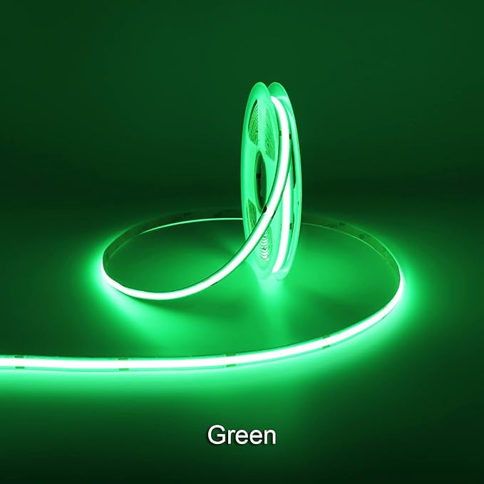 12V Green COB LED Strip Light 8mm Width, 480LEDs/m 16.4FT/5M CRI 90, High Bright Flexible Cuttable LED Tape for House Kitchen Room Ceiling Decor (DC12V, Without Power Supply)