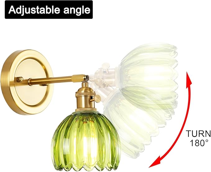 Vintage Wall Sconces Set of Two, 180 Degree Adjustable Brass Vanity Lights Fixture with Green Tulip Glass Lampshade, Hradwired Modern Wall Lighting for Bedside Bedroom Bathroom