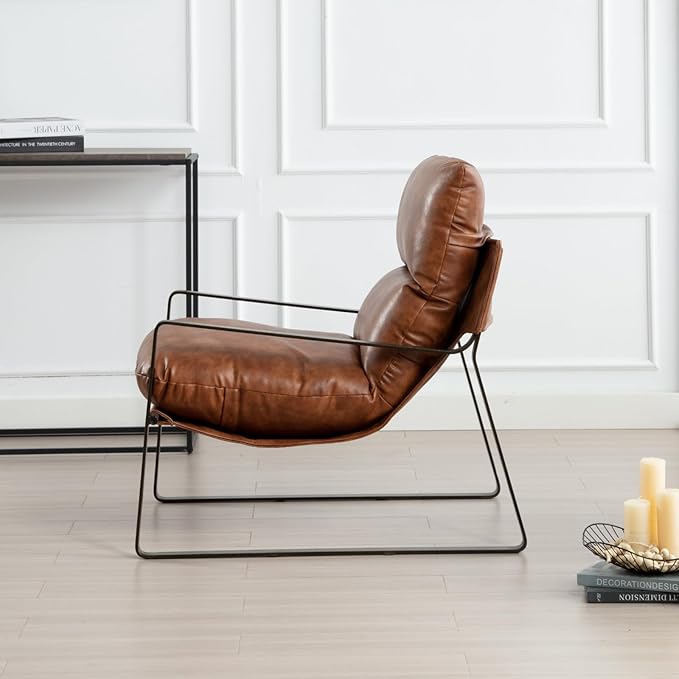 HEAH-YO Modern Accent Chair Set of 1, Upholstered PU Faux Leather Living Room Chair with Bronze Metal Legs, Comfy Arm Side Chair for Bedroom, Brown