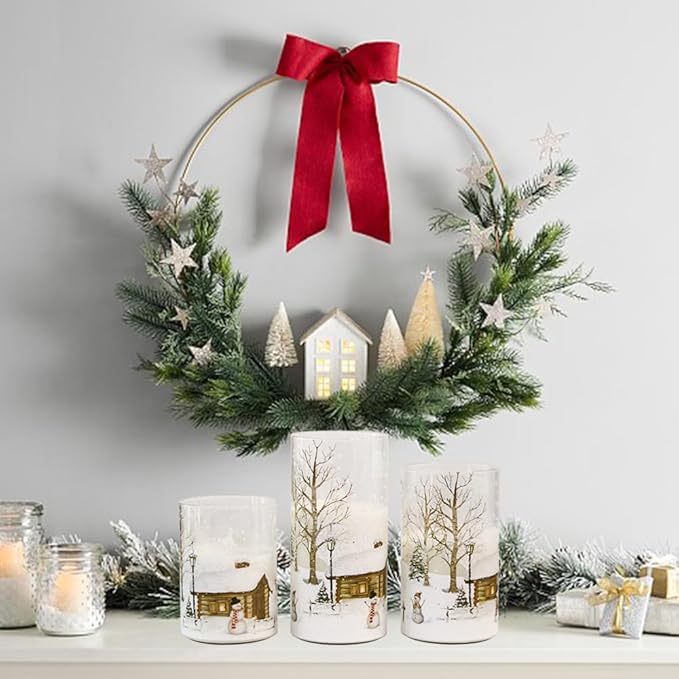 DRomance Snowman Glass Flameless Candles Battery Operated with Remote and Timer Real Wax LED Flickering Pillar Candles White Cold Light Window Christmas Holiday Decor D3 x 4",5",6"