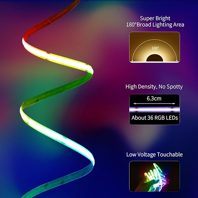 40ft COB RGB+IC LED Strip Lights, Bright Dream Color COB LED Light Strip with RF Remote App Control Music Sync Color Changing for Game Room Bedroom Kitchen Lighting Home Decor(2 Rolls)