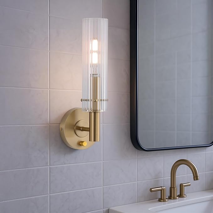 Modern Wall Sconces with Dimmer ON/Off Switch Gold Brushed Brass Bathroom Vanity Light Fixtures Striped Clear Glass Shades Indoor Wall Light for Mirror Living Room Bedroom Hallway Staircase