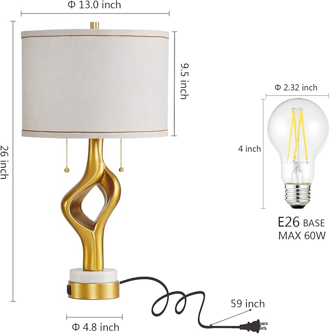 26” Modern Table Lamp Set of 2 for Living Room Bedroom, Gold Sculptural Table Lamp with 2 USB Ports, Resin Desk Lamps Marble Base with Double Pull Chains for Bedside End Tables, Bulb Included