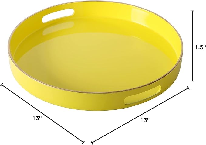 Zosenley Decorative Tray, Round Plastic Tray with Handles, Modern Vanity Tray and Serving Tray for Ottoman, Coffee Table, Kitchen and Bathroom, Size 13” (Yellow)