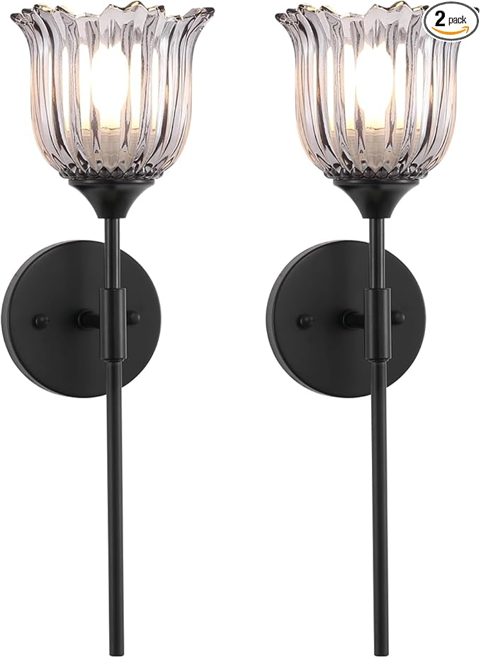 Vintage Wall Sconce Set of 2 with Smoke Gray Glass Shades Mid Century Bathroom Vanity Wall Light Fixtures Industrial Matte Black Wall Lamp for Bedroom Mirror Living Room Restaurant