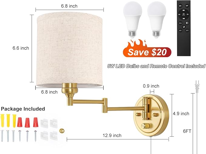 Plug in Wall Sconces with Remote Control, Dimming & Adjustable Colors 2700K-6500K, Hardwire or Plug-in, Swing Arm Wall Lamp with Linen Fabric Shade, Wall Sconces Set of Two, Gold Finish