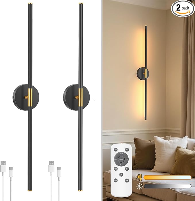 NIORSUN 34 Inch Battery Operated Wall Sconce Set of 2, Black-Gold Round Base Rechargeable Wall Lights with Remote, 3CCT Dimmable Wireless Wall Sconces for Living Room Bedroom Hallway