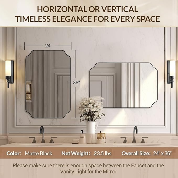 Black Bathroom Mirrors for Wall, 24x36 Inch Black Scalloped Rectangle Mirror with Rounded Notched Corner in Stainless Steel Frame Wall Mounted Vertical or Horizontal Ideal for Home Decor