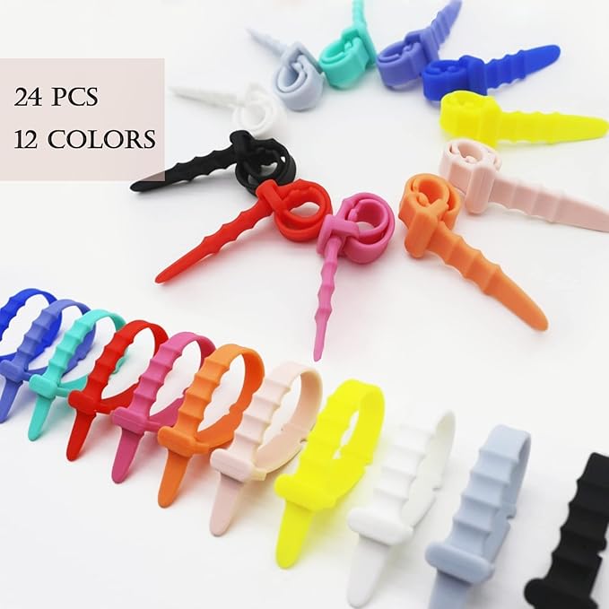 24Pcs Reusable Silicone Zip Ties, Rubber Cable Ties for Cable Management, 4.5 Inch Elastic Cable Organizer for Home Office Table Desk Organization, Bundling Cable Wires (12 Colors)