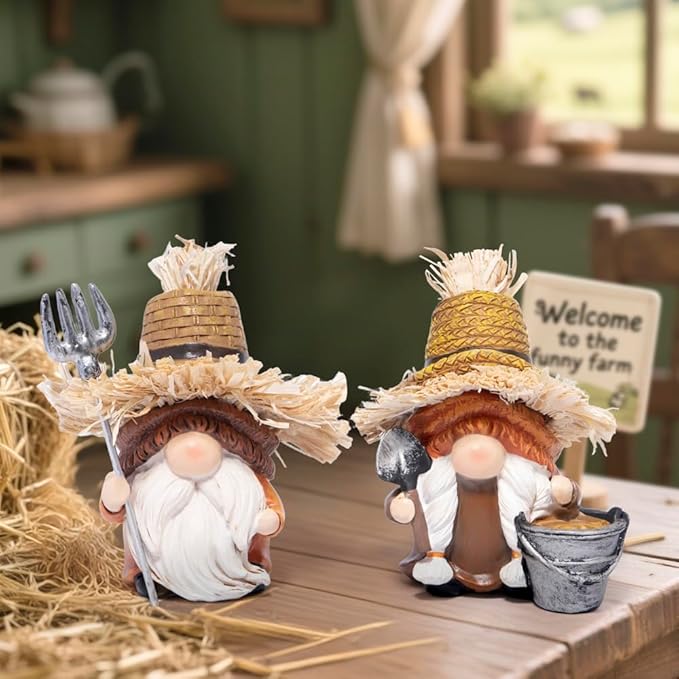 Hodao Fall Scarecrow Farm Gnomes - Couple Figurines with Straw Hats & Farm Tools, Rustic Indoor Outdoor Decor for Home, Porch, Thanksgiving & Harvest Gifts(Orange)