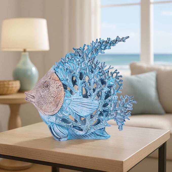 Beach Coastal Decor Turquoise Coral Reef Angelfish Figurines, Modern Nautical Decor Ocean Centerpieces for Living Room, Bathroom, Office, Coffee Table, Beach House, Seaside, Entrance, Shelf Decorative