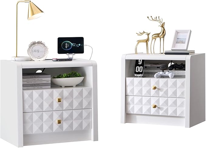 Modern Night Stand Set 2, 23.62" Wide Wood Side Table w/2 Storage Drawers &Open Shelf &Charging Station, Mid Century Modern Bedside w/Diamond Panel Decorate for Bedroom, Curved Profile Design, White
