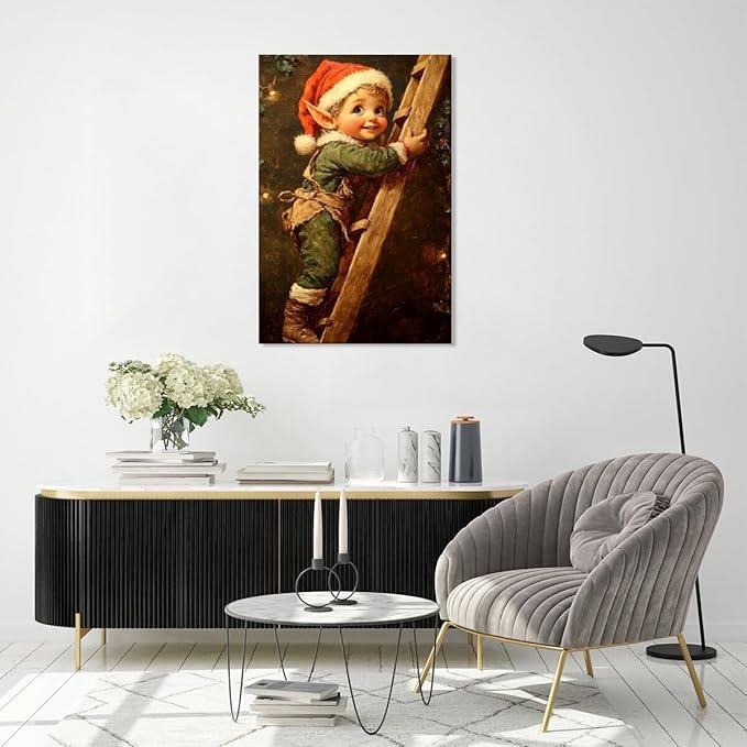 Medpol Vintage christmas wall art christmas elf painting winter cottagecore canvas poster for farmhouse home decor apartment dormitory Framed20x30inch