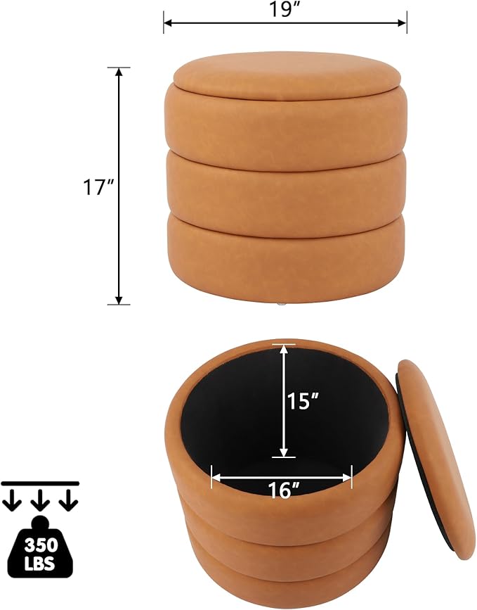 DAGONHIL Round Storage Ottoman PU Leather Footrest, Hidden Storage Ottoman Stool, Multi-Functional Coffee Table for Living Room, Bedroom, Entryway, Brown