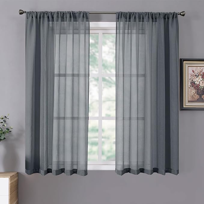 Tollpiz Short Sheer Curtain Linen Textured Living Room Curtains Sheer Light Filtering Rod Pocket Voile Curtain for Bedroom, 42 x 54 inches Long, Dark Grey, Set of 2 Panels