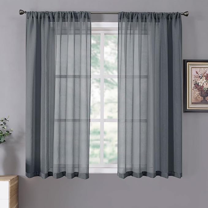 Tollpiz Short Sheer Curtain Living Room Linen Textured Curtains Sheer Light Filtering Voile Rod Pocket Curtain for Bedroom, 38 x 54 inches Long, Dark Grey, Set of 2 Panels