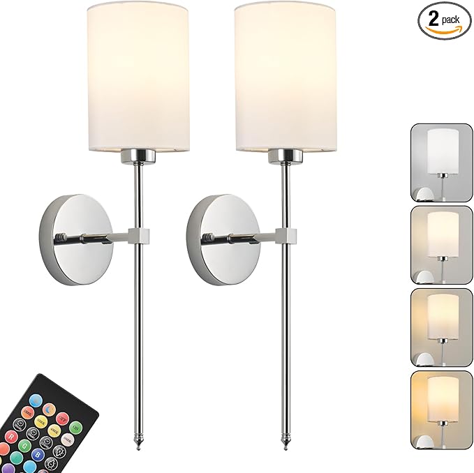 Battery Operated Wall Sconce Set of Two,Wireless Rechargeable Wall Light With Remote Control, Dimmable, 1800K/3000K/4000K/6000K/RGB, Timer, for Living Room, Bedroom, Fireplace, TV, 26.8 Inch, Chrome