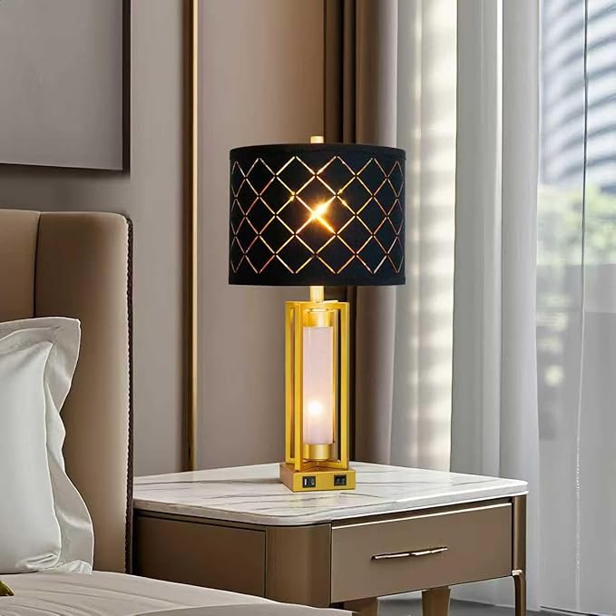 RORIANO Set of 2 Modern Table Lamps for Living Room Bedroom with USB C+A, Rustic Nightstand Lamps with White Night Light, Black Grid Shade, Desk Lamps for Bedside End Tables, 4 Bulbs Included (Gold)